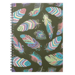 Caderno Espiral Penas Boho Sem Olho Padrão. Etnia Tribal de Volta