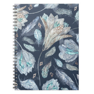 Caderno Espiral Penas Chic Boho Flores: Azul Escuro-Aquarela P