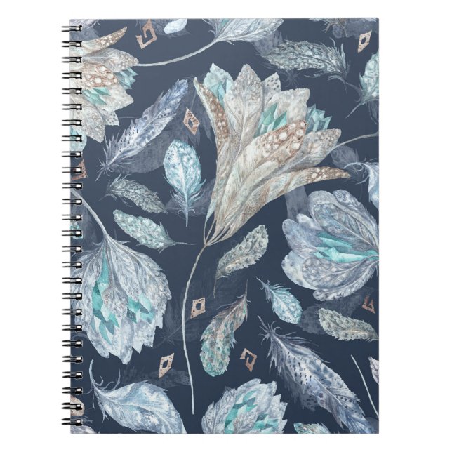 Caderno Espiral Penas Chic Boho Flores: Azul Escuro-Aquarela P (Frente)
