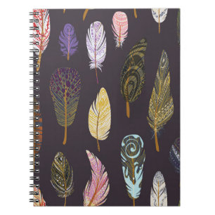 Caderno Espiral Penas Coloridas de Pássaros Padrão de Aquarela