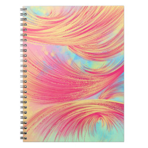 Caderno Espiral Penas de Abstrato amarelas na moda cor-de-rosa