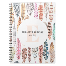 Caderno Espiral Penas de aquarela. Nome. Padrão de eco feminino