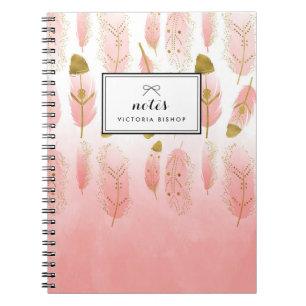 Caderno Espiral Penas de Aquarela Rosa de Boho Pink Personalizadas