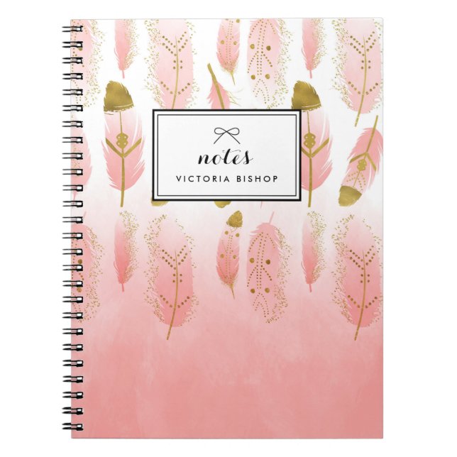 Caderno Espiral Penas de Aquarela Rosa de Boho Pink Personalizadas (Frente)