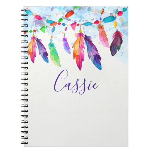 Caderno Espiral Penas de boho personalizadas (Frente)