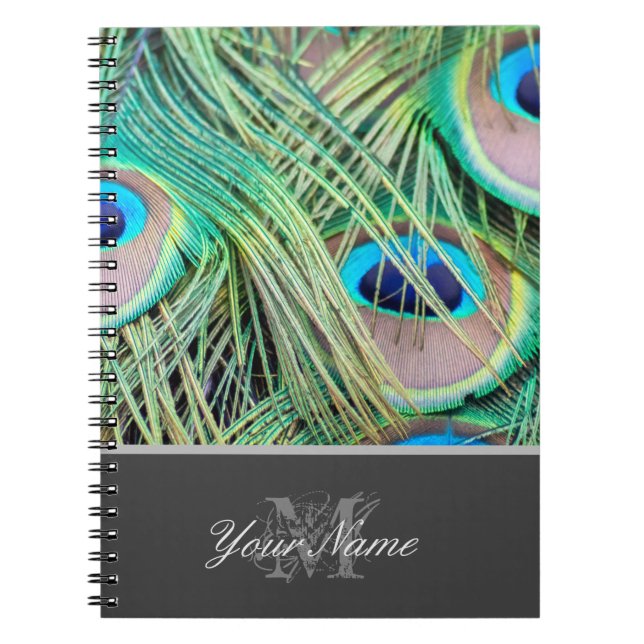 Caderno Espiral Penas de pavão coloridas do Monograma personalizáv (Frente)