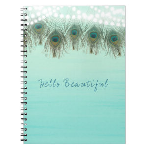 Caderno Espiral Penas de Pavão & Luzes de Corda Rústico Elegante