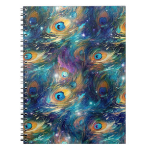 Caderno Espiral Penas de Pavão Pintadas de Azul Aqua