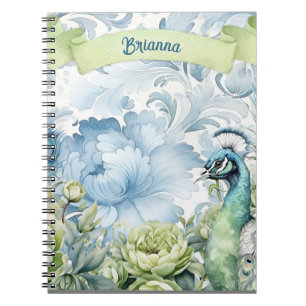 Caderno Espiral Penas de Pavão Teal & Sage Floral Personalizado