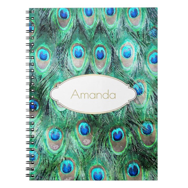 Caderno Espiral Penas de Peacock Padrão Exótico de Aquarela Selvag (Frente)