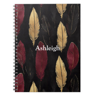 Caderno Espiral Penas Douradas Vermelhas Negras