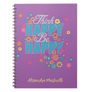 Caderno Espiral Pensa Feliz Ser Palavras Positivas De Meninas Roxo