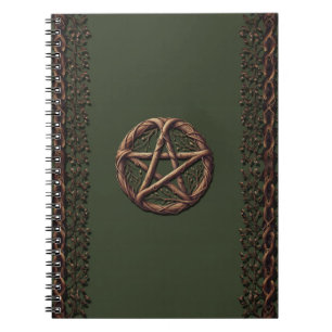 Caderno Espiral Pentáculo de Galho de Madeira Verde Oliva Wiccano