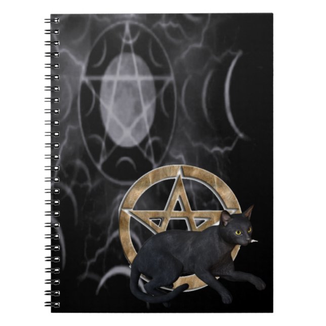 Caderno Espiral Pentágrafo Wiccan com gato preto (Frente)