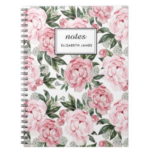 Caderno Espiral Peônias cor-de-rosa com aquarelas Padrão Chic Flor