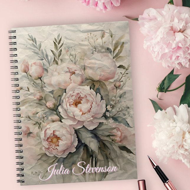 Caderno Espiral Peônias de aquarela elegantes com Pastel Greenery (Criador carregado)