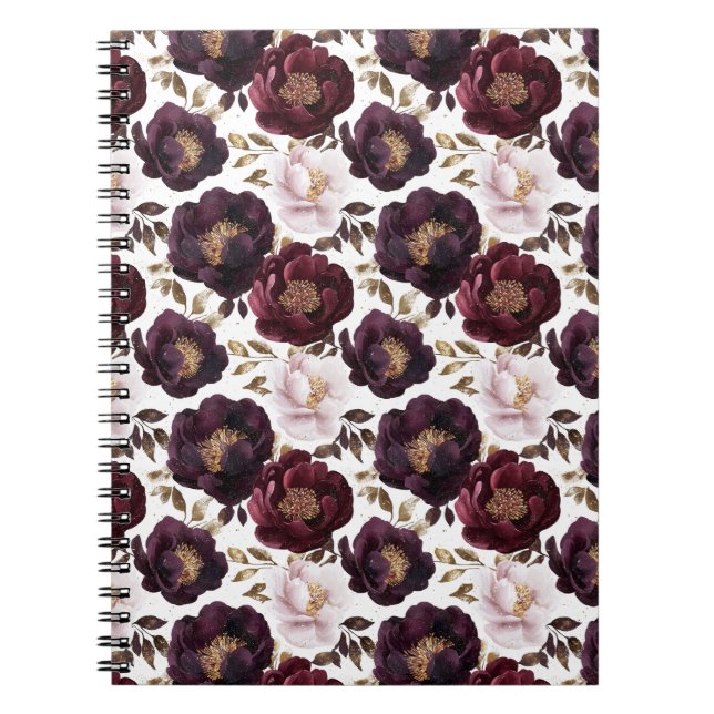 Caderno Espiral peonias de burlu flores com brilho dourado (Frente)