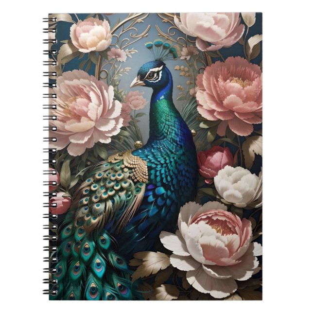 Caderno Espiral Peonias Rosa-Rosa-Peacock Elegantes (Frente)
