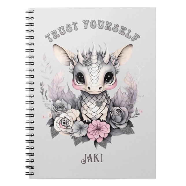 Caderno Espiral Pequeno Dragão Branco Bonito, Rosa "Confie em si m (Frente)