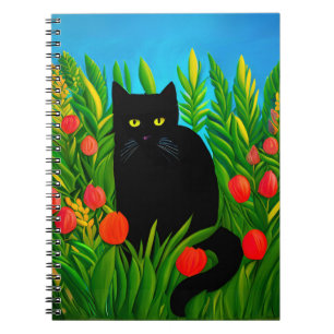 Caderno Espiral Pequeno Gato Negro em um Jardim de Tulipas