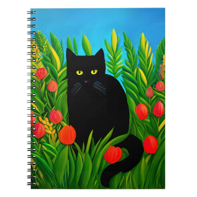 Caderno Espiral Pequeno Gato Negro em um Jardim de Tulipas (Frente)