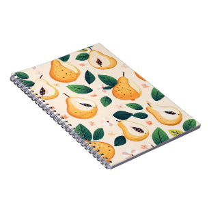 Caderno Espiral Pêras Amarelas Doces e Padrão de Frutas de Folhas 