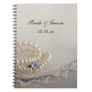 Caderno Espiral Pérolas Brancas, Anel Diamante e Casamento Azul
