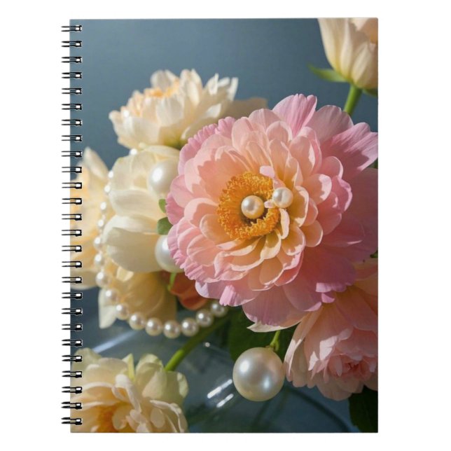Caderno Espiral Pérolas com flores rosadas (Frente)