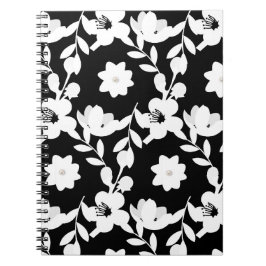 Caderno Espiral Pérolas em Flores Brancas em Preto