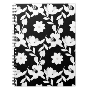 Caderno Espiral Pérolas em Flores Brancas em Preto