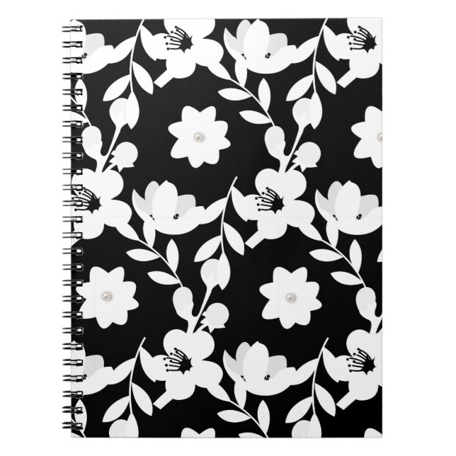 Caderno Espiral Pérolas em Flores Brancas em Preto (Frente)