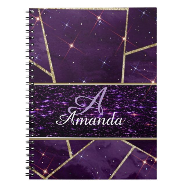 Caderno espiral personalizado com brilho roxo (Frente)