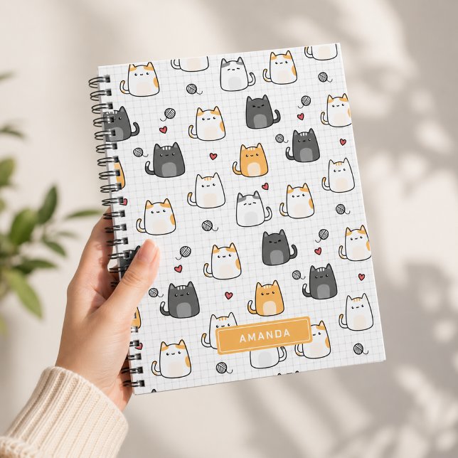 Caderno Espiral Personalizado com Padrão de Gato K (Cute Kawaii Cat Pattern Personalized Spiral Notebook)