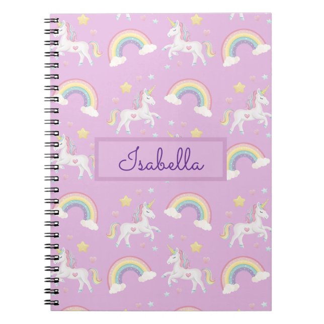Caderno Espiral Personalizado Girly Whimsical Unicorn Rainbow (Frente)