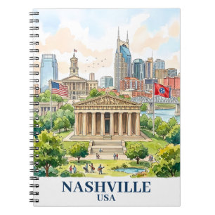 Caderno Espiral Personalizado Nashville Tennessee EUA Aquarela Col