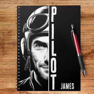 Caderno Espiral Personalizado, Rosto de Piloto, Cômico, Preto e Br