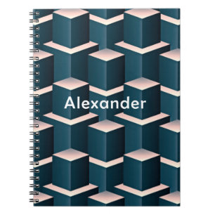 Caderno Espiral Personalizar Padrão Geométrico Quadrado Azul Mod