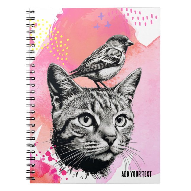 Caderno Espiral PERSONALIZAR: um Gato + um Pássaro | Diário para n (Frente)