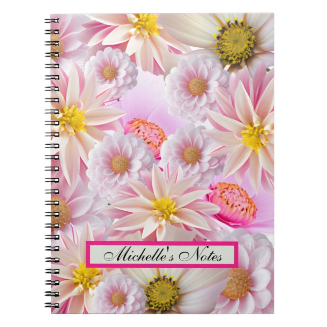 Caderno Espiral Personalizável Bonito em Floral Rosa (Frente)