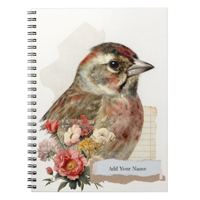 Caderno Espiral PERSONALIZE Colagem de Pássaro Pintassilgo Estilo  (Frente)