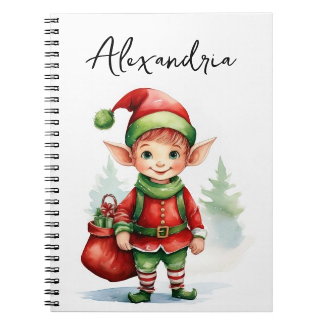 Caderno Espiral Personalize Nome Elfo de Natal com saco de present (Frente)