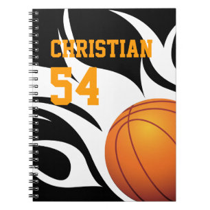 Caderno Espiral Personalize o basquetebol flamejante B/W