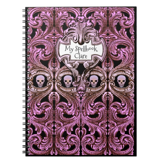 Caderno Espiral Personalize o Gótico Purple Ornament & Skull Spell (Frente)