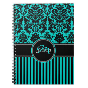 Caderno Espiral Personalized Aqua Black White Striped Damask