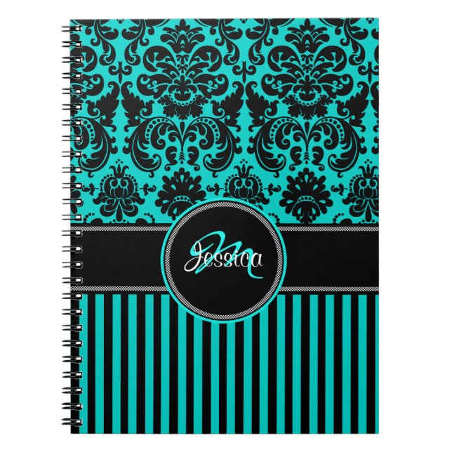 Caderno Espiral Personalized Aqua Black White Striped Damask (Frente)
