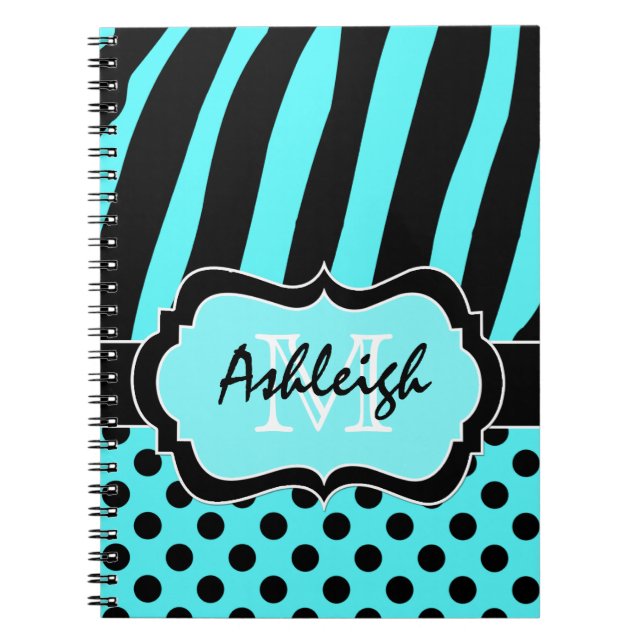 Caderno Espiral Personalized Aqua Black White Striped Polka Dots (Frente)