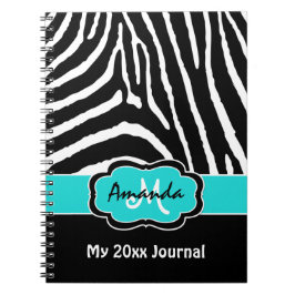 Caderno Espiral Personalized Aqua Black White Zebra Stripe Journal