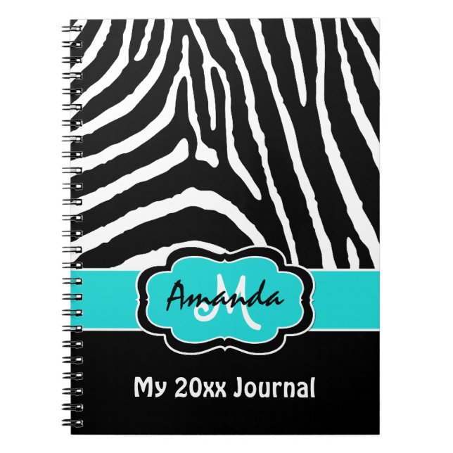 Caderno Espiral Personalized Aqua Black White Zebra Stripe Journal (Frente)