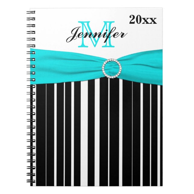 Caderno Espiral Personalized Black Aqua White Striped Notebook (Frente)