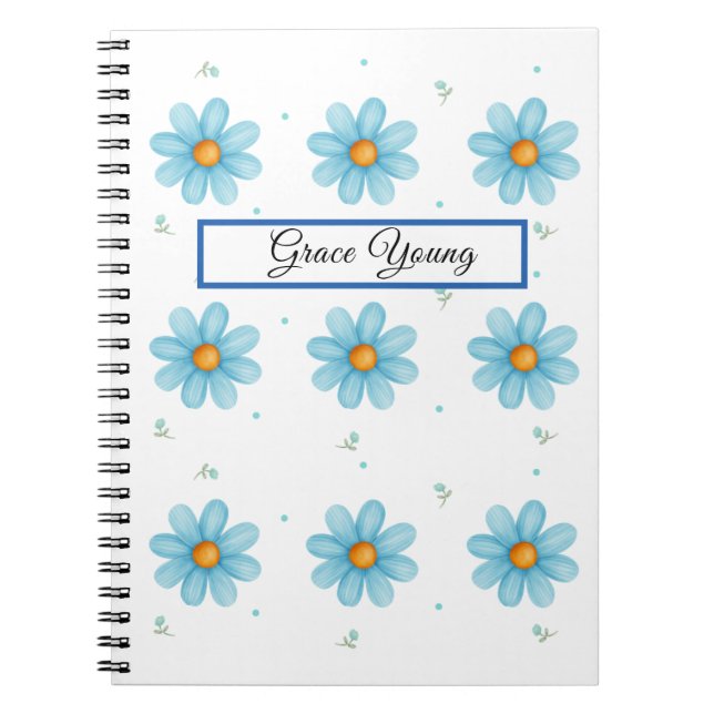 Caderno Espiral Personalized Blue Daisy Notebook Custom Name (Frente)
